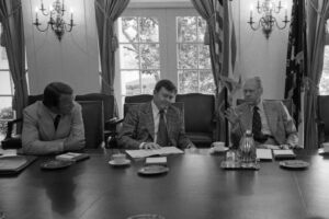 Barry Switzer, Darrell Royal, and President Gerald Ford discuss Title IX